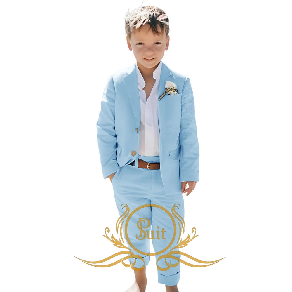 Solid Color Linen Suit Summer Beach Wedding Boy Suit Jacket Pants 2 Pieces Set Kids Linen Suit