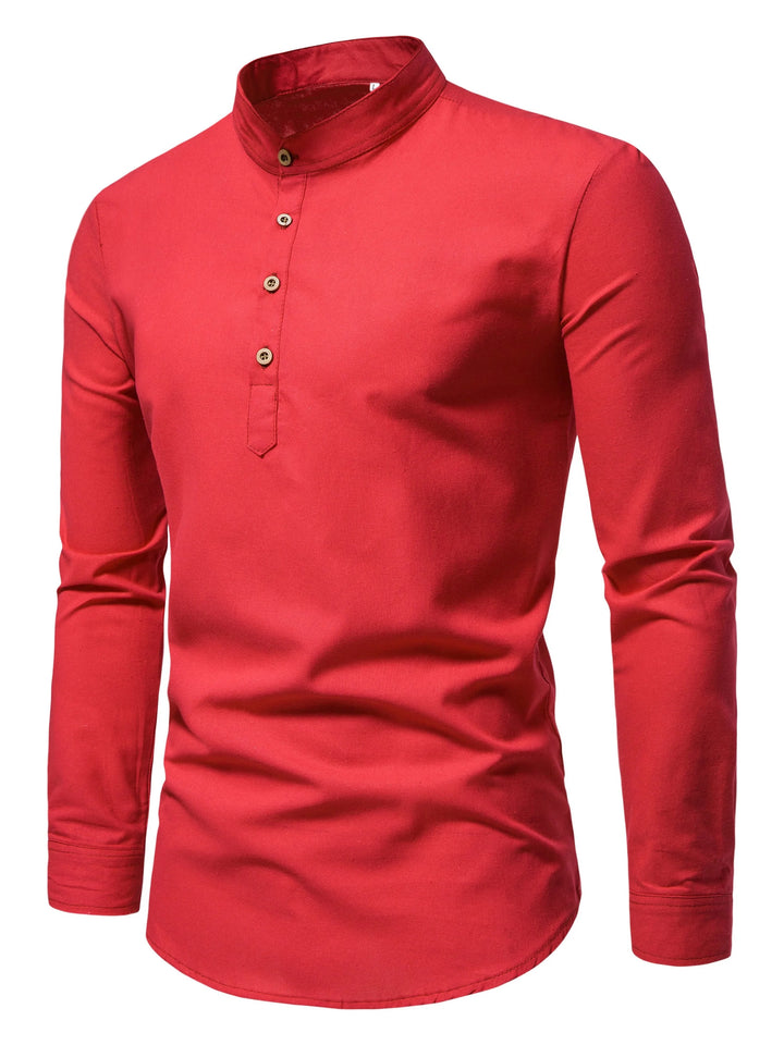 Spring and autumn men's pure cotton solid color shirts, elegant long-sleeved stand-up collar shirts, slim-fit men's shirts