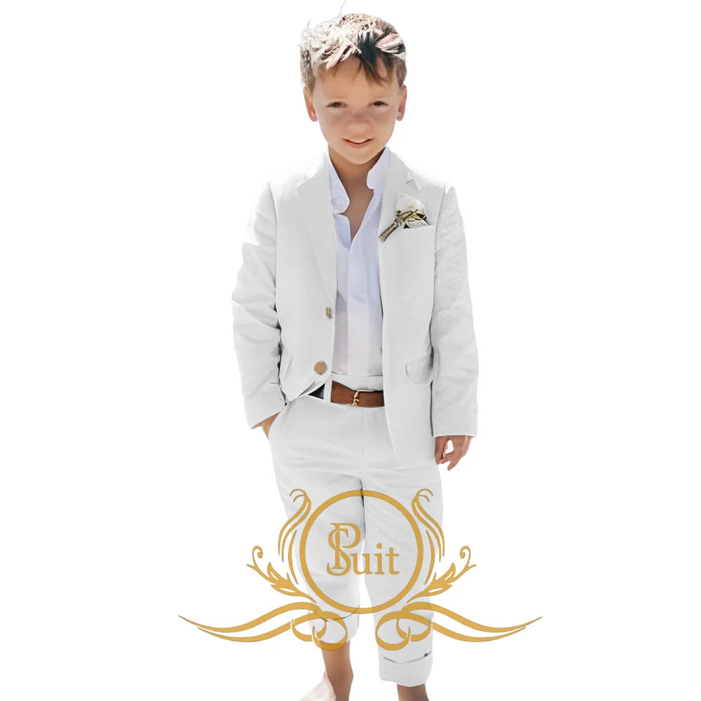 Solid Color Linen Suit Summer Beach Wedding Boy Suit Jacket Pants 2 Pieces Set Kids Linen Suit