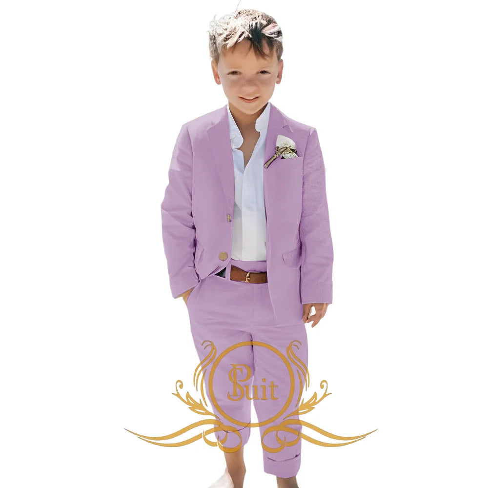 Solid Color Linen Suit Summer Beach Wedding Boy Suit Jacket Pants 2 Pieces Set Kids Linen Suit