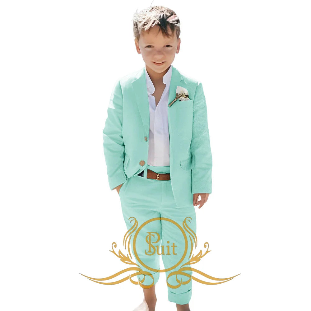 Solid Color Linen Suit Summer Beach Wedding Boy Suit Jacket Pants 2 Pieces Set Kids Linen Suit