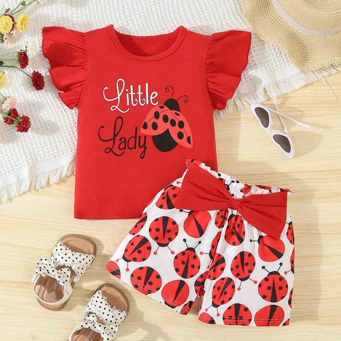 Summer Adorable  Ladybug Outfit 2pcs Set for Baby Girls Sleeveless T-shirt +Causal Shorts Infant Newborn Baby Girl  Clothes