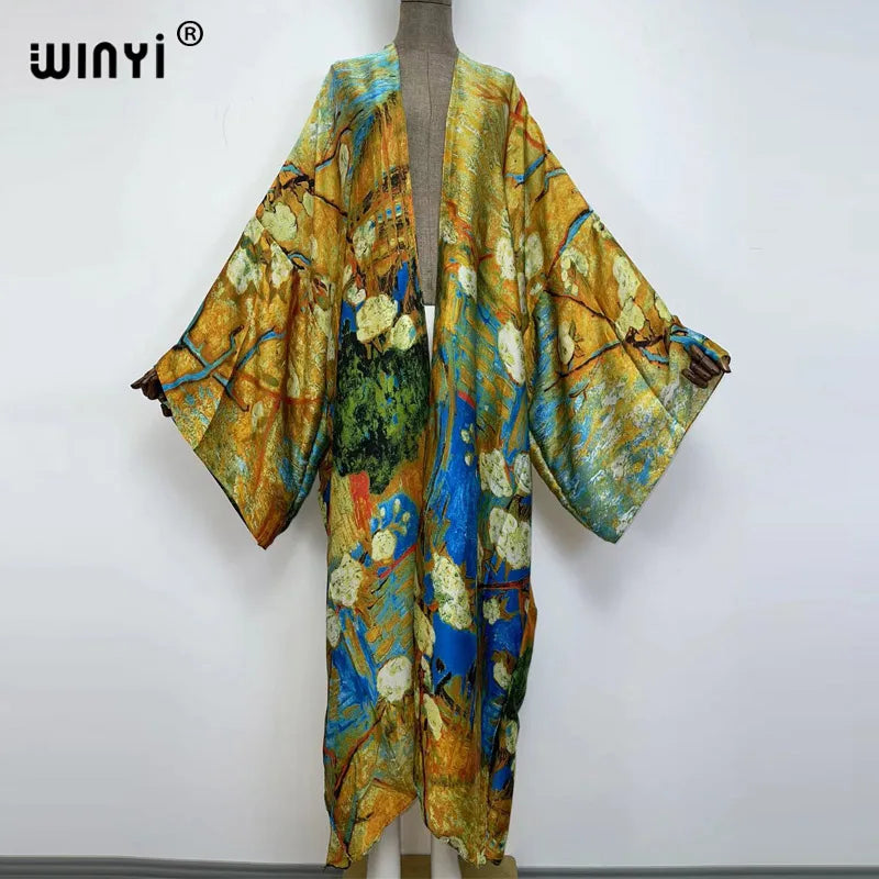 vestido longo Women Cardigan robe Cocktail sexcy Boho Maxi African Holiday Batwing Sleeve Silk Robe