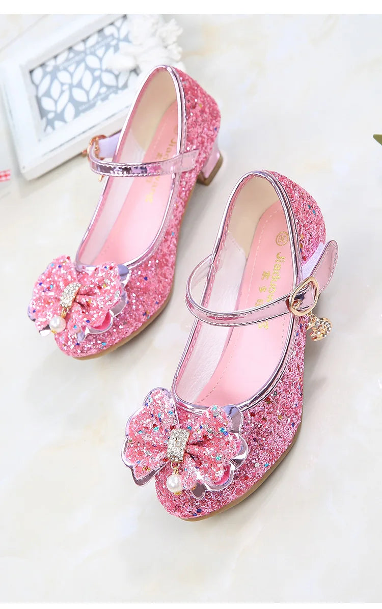 Princess Butterfly Leather Shoes Kids Diamond Bowknot High Heel Children Girl Dance Glitter Shoes Fashion Girls Party Dance Shoe