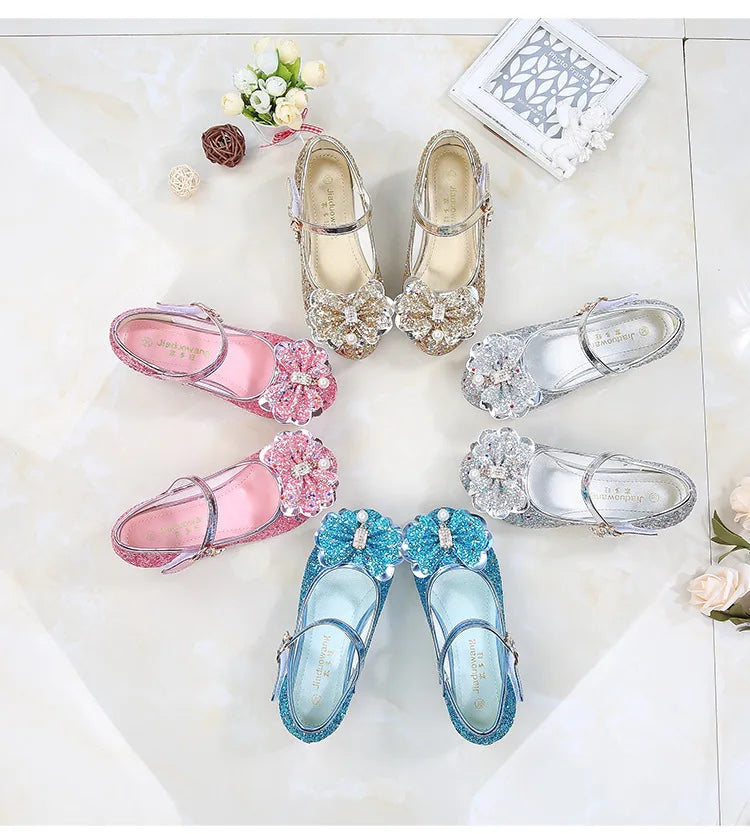 Princess Butterfly Leather Shoes Kids Diamond Bowknot High Heel Children Girl Dance Glitter Shoes Fashion Girls Party Dance Shoe