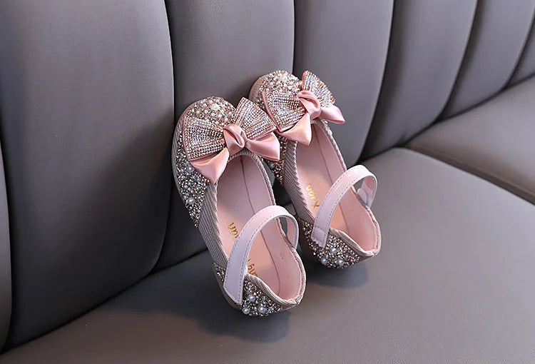 New Children Leather Shoes Rhinestone Bow Princess Girls Party Dance Shoes Baby Student Flats Kids Performance Shoes D785