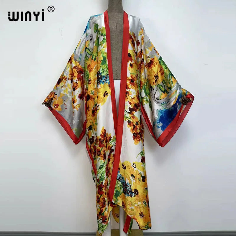 vestido longo Women Cardigan robe Cocktail sexcy Boho Maxi African Holiday Batwing Sleeve Silk Robe