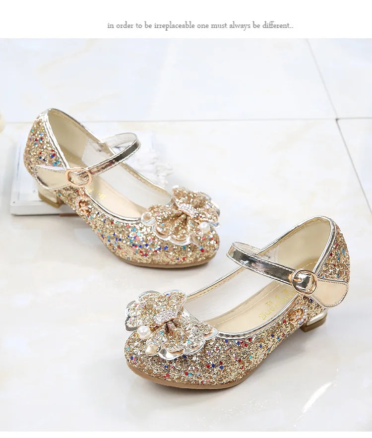 Princess Butterfly Leather Shoes Kids Diamond Bowknot High Heel Children Girl Dance Glitter Shoes Fashion Girls Party Dance Shoe