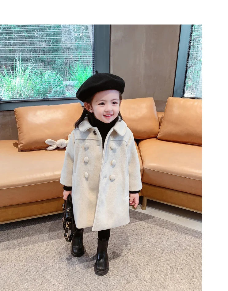 Double Breasted Girls Woolen Coats Autumn Winter Trench Jacket Coat 2-6Yrs Children Clothes For Kids Outerwear Birthday Present