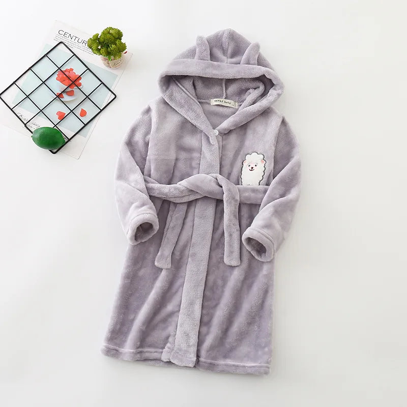 Autumn Winter Children Sleepwear Robe Flannel Hooded Warm Bathrobe Kids Pajamas For Boys Girls Lovely Cartoon Animals Robes