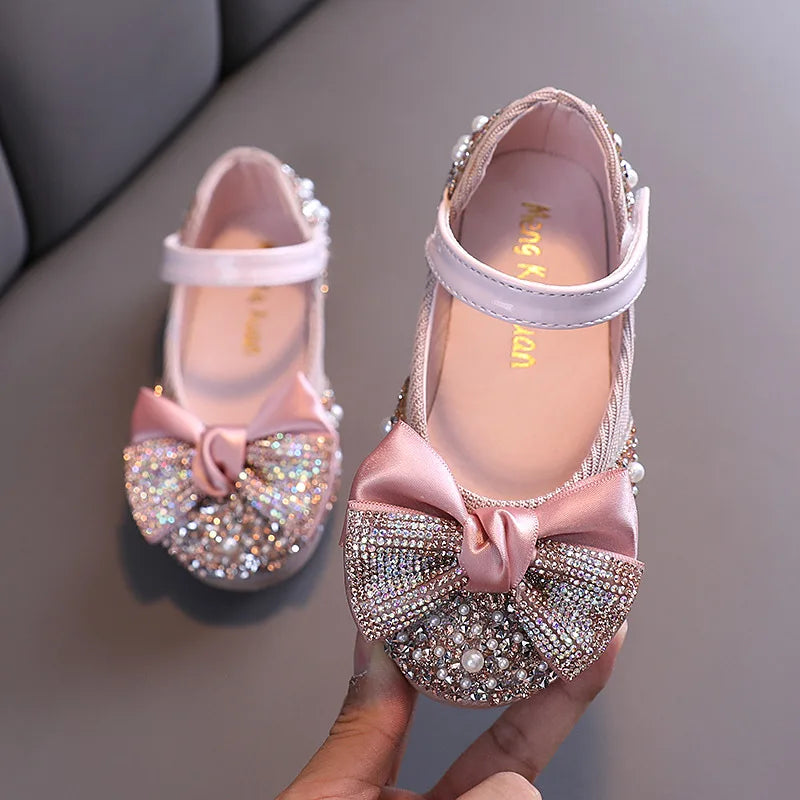 New Children Leather Shoes Rhinestone Bow Princess Girls Party Dance Shoes Baby Student Flats Kids Performance Shoes D785