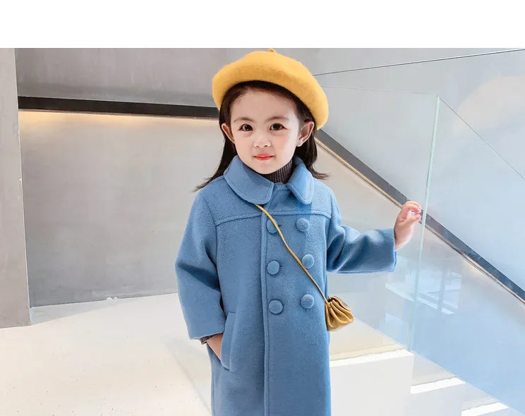 Double Breasted Girls Woolen Coats Autumn Winter Trench Jacket Coat 2-6Yrs Children Clothes For Kids Outerwear Birthday Present