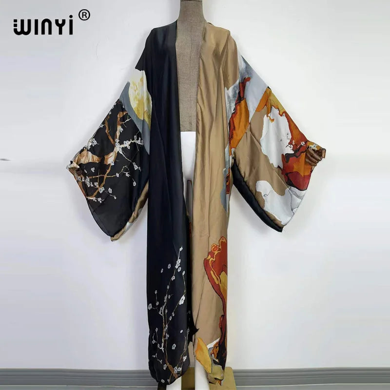 Kimonos verano Women sukienka Print Long Sleeve Cardigan Female Blouse Loose Casual beach Cover Up boho dress party kaftan