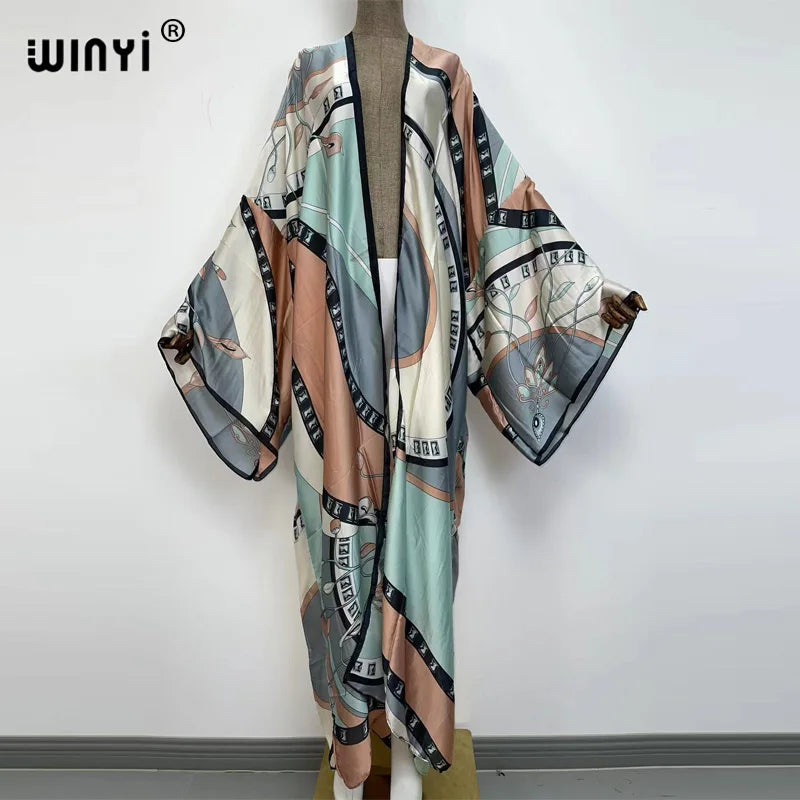 vestido longo Women Cardigan robe Cocktail sexcy Boho Maxi African Holiday Batwing Sleeve Silk Robe