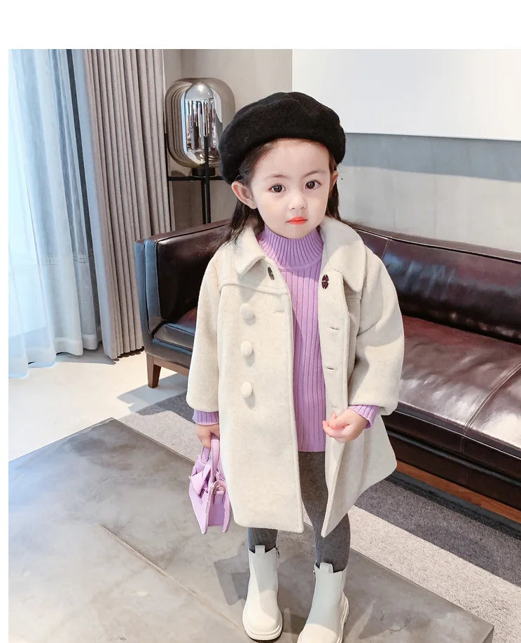 Double Breasted Girls Woolen Coats Autumn Winter Trench Jacket Coat 2-6Yrs Children Clothes For Kids Outerwear Birthday Present