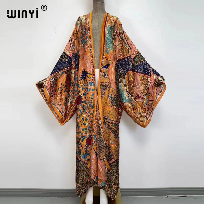 vestido longo Women Cardigan robe Cocktail sexcy Boho Maxi African Holiday Batwing Sleeve Silk Robe