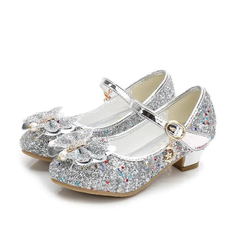 Princess Butterfly Leather Shoes Kids Diamond Bowknot High Heel Children Girl Dance Glitter Shoes Fashion Girls Party Dance Shoe