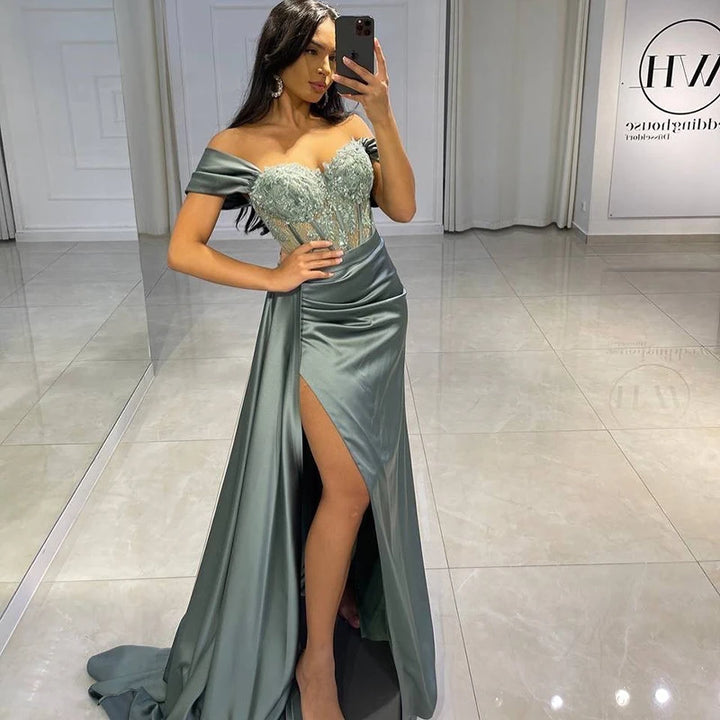 Thinyfull Sexy Prom Evening Dresses Long Off the Shoulder Party Dress Appliques High Split Cocktail Gown Saudi Arabia Customized