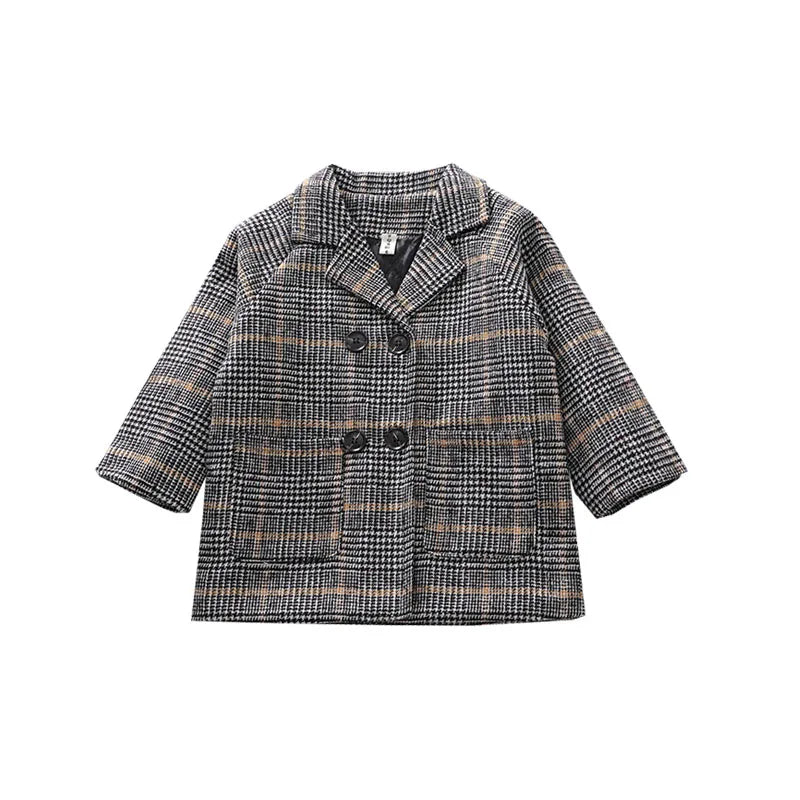 Lioraitiin Winter Grid Jackets Boys Girl Woolen Double-breasted Baby Boy Trench Coat Lapel Autumn Kids Outerwear Coats Wool Coat