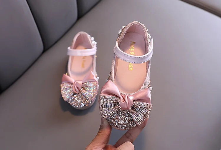 New Children Leather Shoes Rhinestone Bow Princess Girls Party Dance Shoes Baby Student Flats Kids Performance Shoes D785