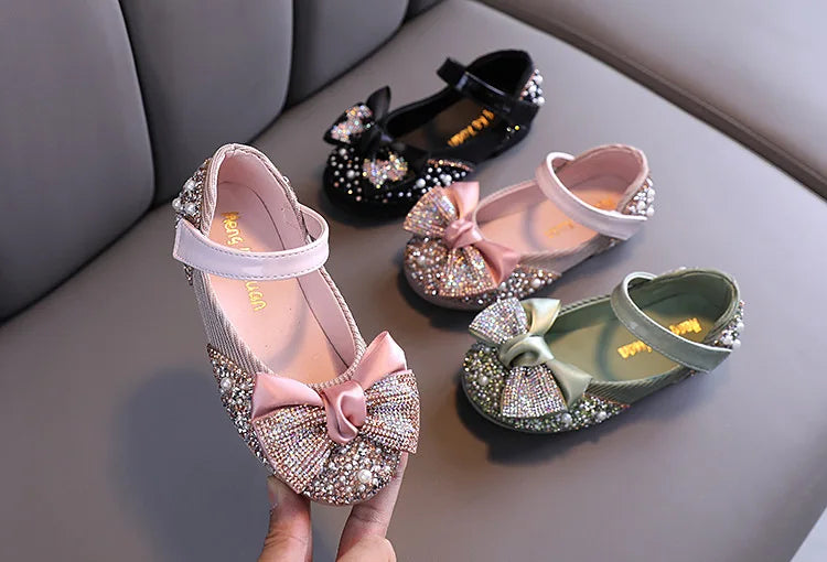 New Children Leather Shoes Rhinestone Bow Princess Girls Party Dance Shoes Baby Student Flats Kids Performance Shoes D785