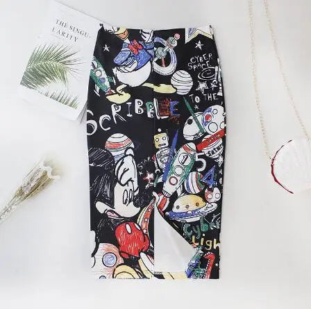 Women's Pencil Skirt High Waist Slim Skirts Print New Large Size Japan Cartoon Summer Young Girl Female Falda Sexy & Club