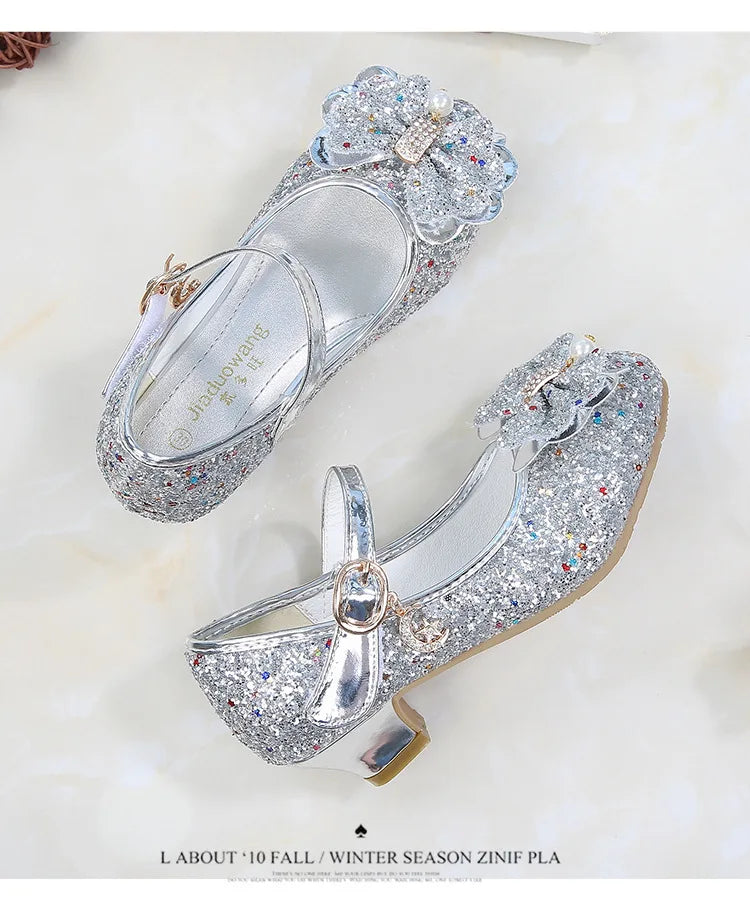 Princess Butterfly Leather Shoes Kids Diamond Bowknot High Heel Children Girl Dance Glitter Shoes Fashion Girls Party Dance Shoe