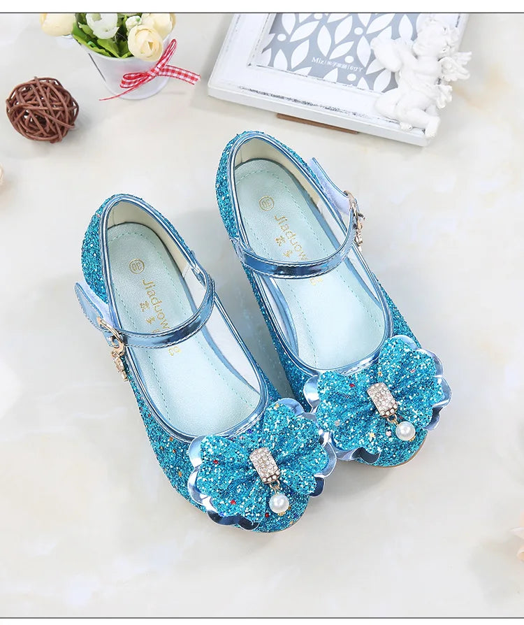 Princess Butterfly Leather Shoes Kids Diamond Bowknot High Heel Children Girl Dance Glitter Shoes Fashion Girls Party Dance Shoe