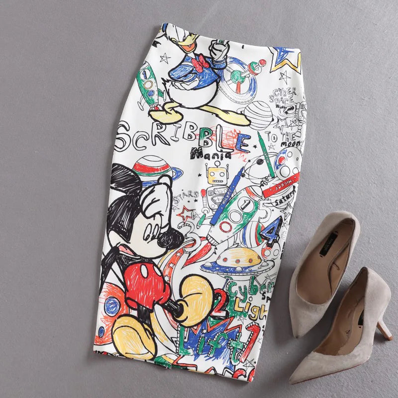 Women's Pencil Skirt High Waist Slim Skirts Print New Large Size Japan Cartoon Summer Young Girl Female Falda Sexy & Club