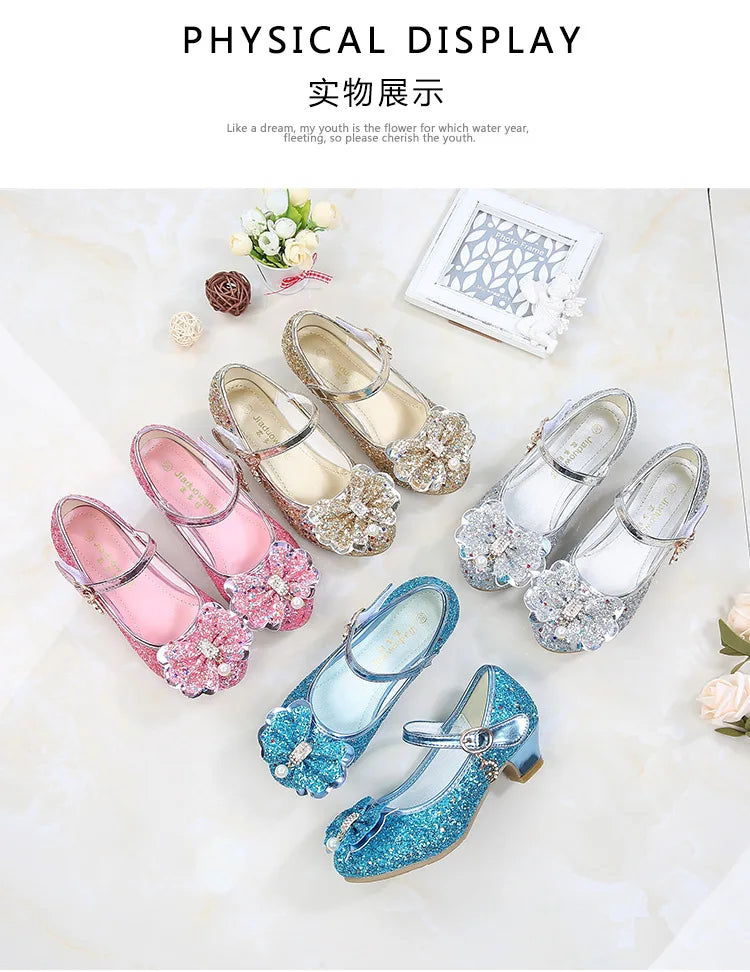 Princess Butterfly Leather Shoes Kids Diamond Bowknot High Heel Children Girl Dance Glitter Shoes Fashion Girls Party Dance Shoe