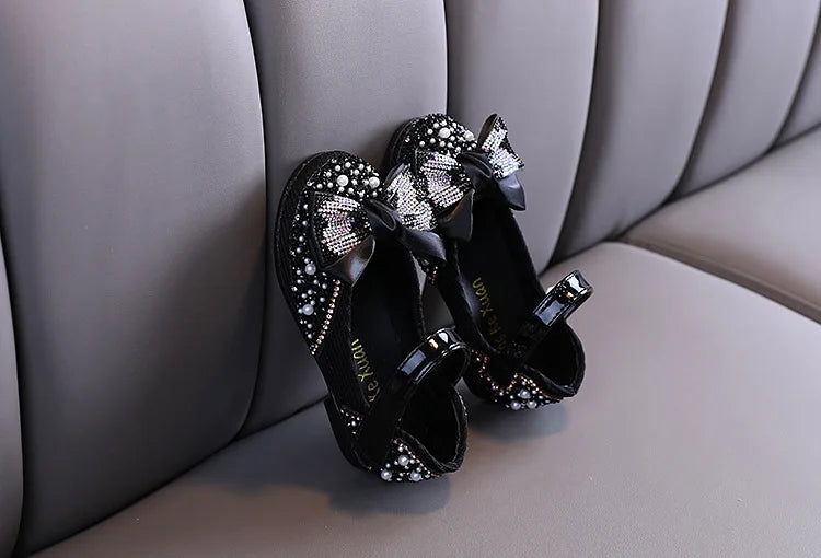 New Children Leather Shoes Rhinestone Bow Princess Girls Party Dance Shoes Baby Student Flats Kids Performance Shoes D785