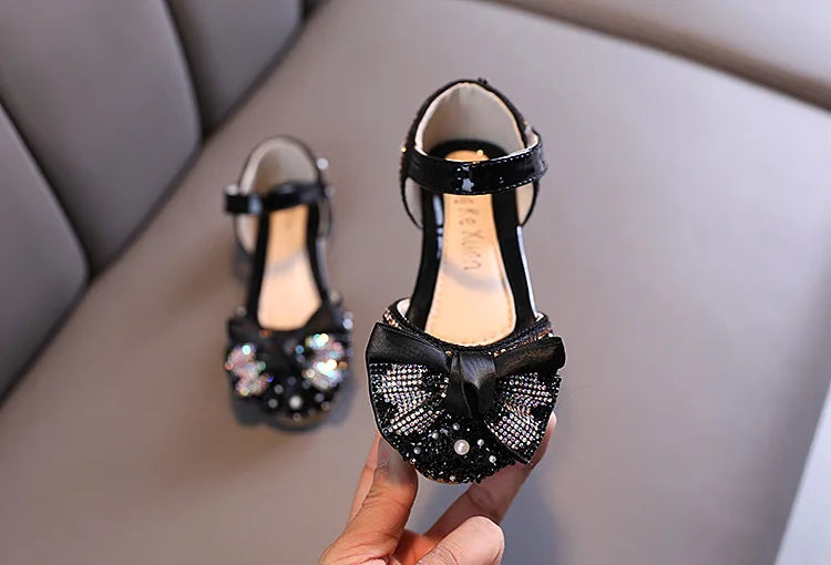 New Children Leather Shoes Rhinestone Bow Princess Girls Party Dance Shoes Baby Student Flats Kids Performance Shoes D785