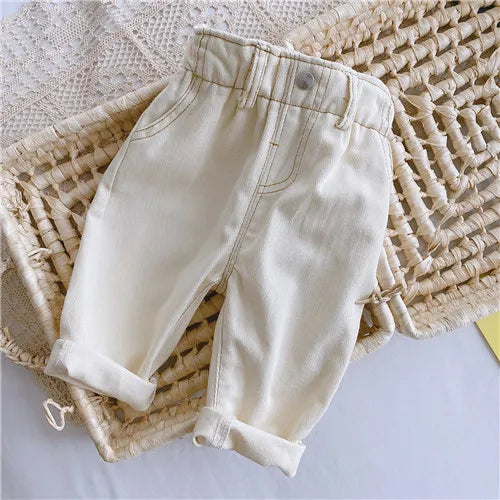 New Jeans Baby Girls Boys Pants High Waist Solid Color Outside Children's Trousers Autumn Winter Fashion Kids Cowboy Jeans 2024