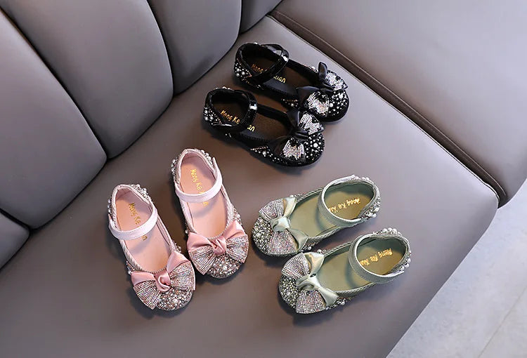 New Children Leather Shoes Rhinestone Bow Princess Girls Party Dance Shoes Baby Student Flats Kids Performance Shoes D785