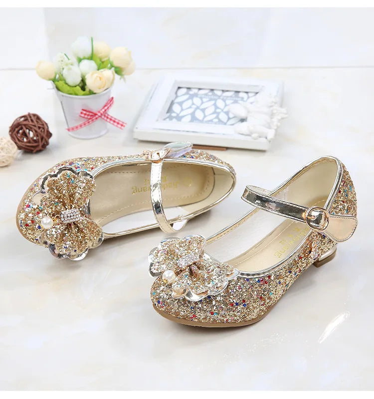 Princess Butterfly Leather Shoes Kids Diamond Bowknot High Heel Children Girl Dance Glitter Shoes Fashion Girls Party Dance Shoe