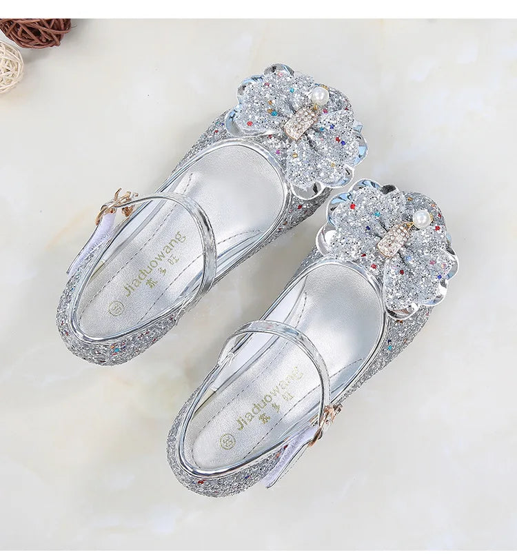 Princess Butterfly Leather Shoes Kids Diamond Bowknot High Heel Children Girl Dance Glitter Shoes Fashion Girls Party Dance Shoe