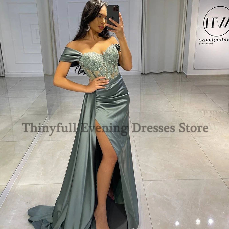 Thinyfull Sexy Prom Evening Dresses Long Off the Shoulder Party Dress Appliques High Split Cocktail Gown Saudi Arabia Customized