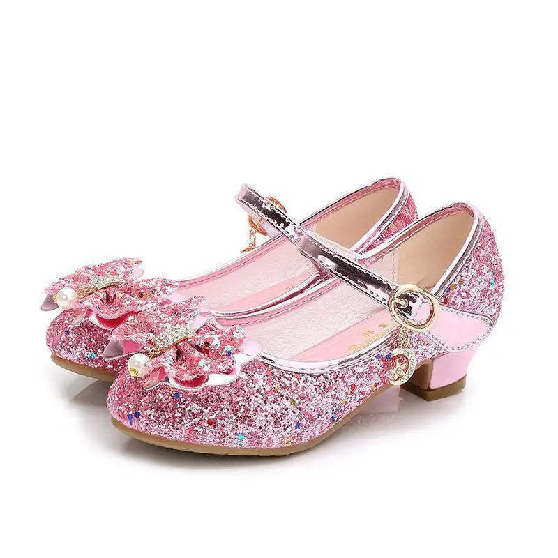 Princess Butterfly Leather Shoes Kids Diamond Bowknot High Heel Children Girl Dance Glitter Shoes Fashion Girls Party Dance Shoe