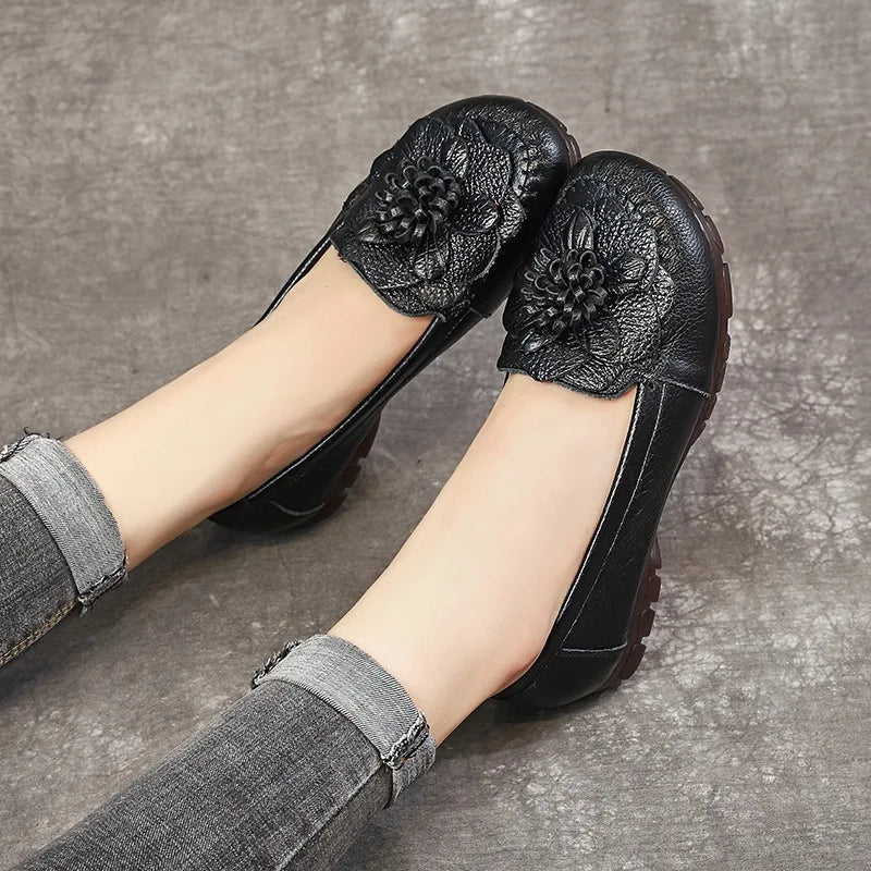 Women Concise Flower Flats Black Shoes Spring Flats Female Genuine Leather Shoes 2020 Superstar Oxfrod Shoes Women Loafer