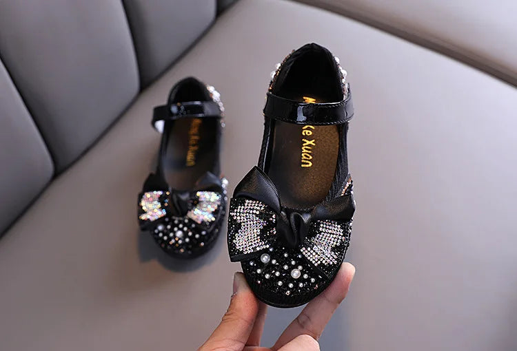 New Children Leather Shoes Rhinestone Bow Princess Girls Party Dance Shoes Baby Student Flats Kids Performance Shoes D785