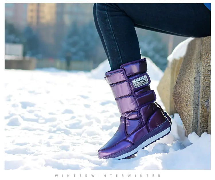 Outdoor Non-slip Warm Waterproof Snow Boots Women Shiny PU Upper Thicken Sole Plush High Boot Light Hike Ski Sports Winter Shoes