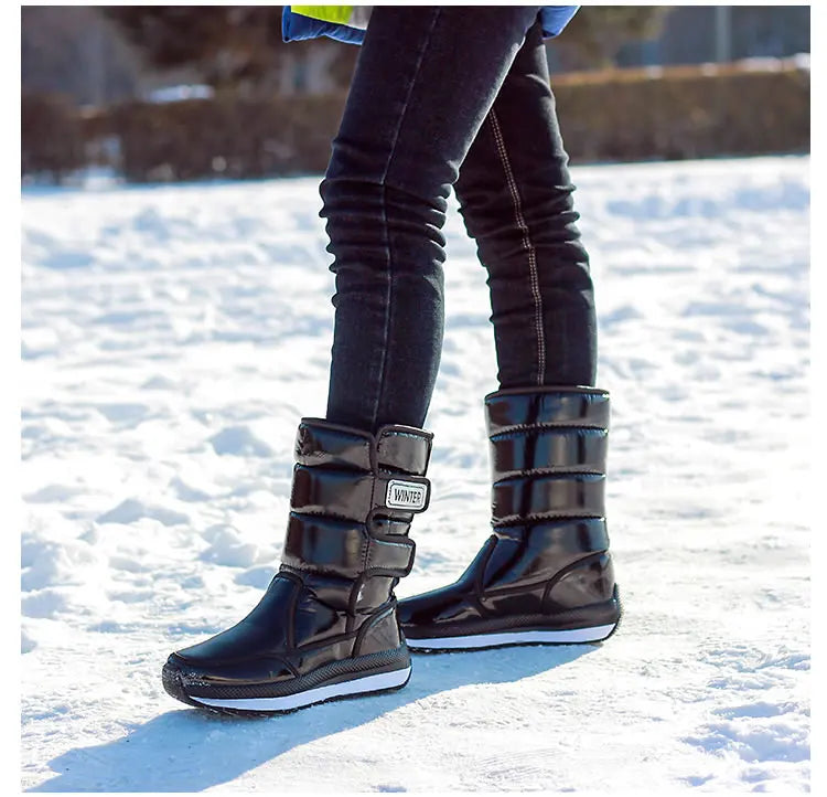 Outdoor Non-slip Warm Waterproof Snow Boots Women Shiny PU Upper Thicken Sole Plush High Boot Light Hike Ski Sports Winter Shoes