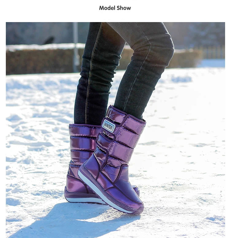 Outdoor Non-slip Warm Waterproof Snow Boots Women Shiny PU Upper Thicken Sole Plush High Boot Light Hike Ski Sports Winter Shoes