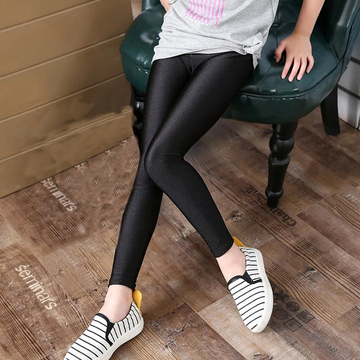 2-14 Years Girls Skinny Long Pants Shiny Black White Pink Children Bottoms Leggings Kids Elastic Trousers All-matches Leggings