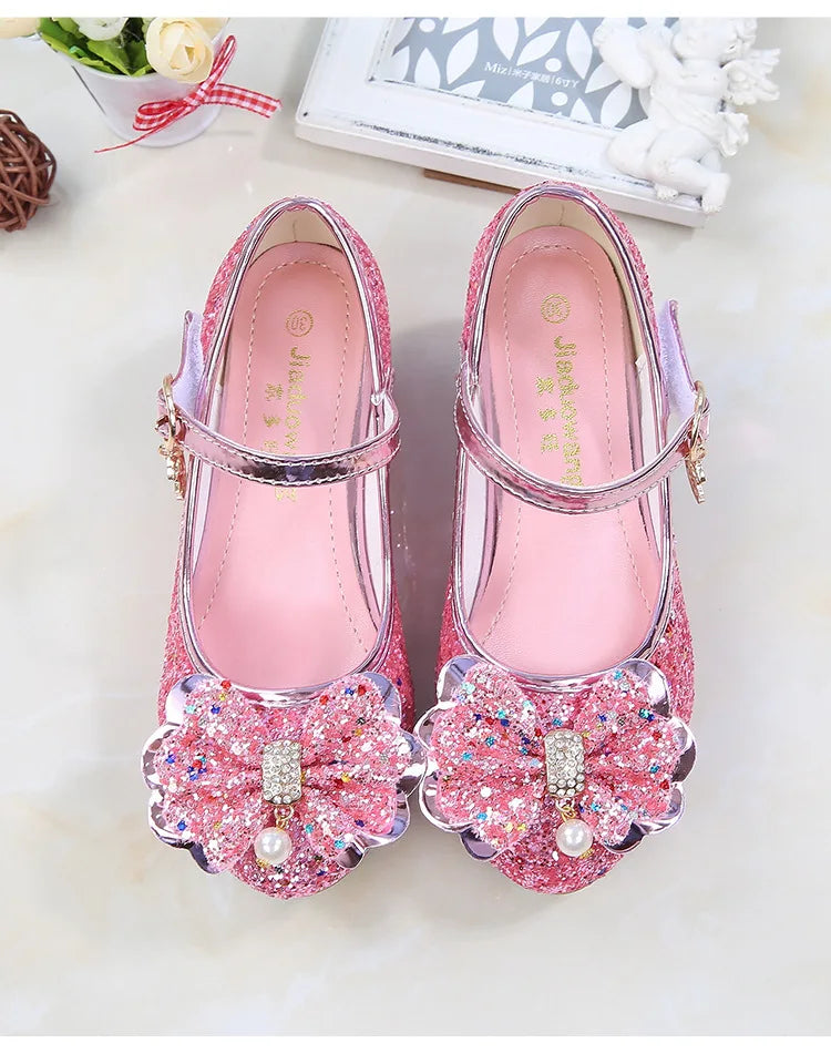 Princess Butterfly Leather Shoes Kids Diamond Bowknot High Heel Children Girl Dance Glitter Shoes Fashion Girls Party Dance Shoe