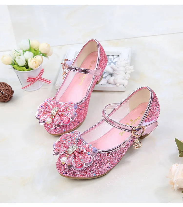 Princess Butterfly Leather Shoes Kids Diamond Bowknot High Heel Children Girl Dance Glitter Shoes Fashion Girls Party Dance Shoe