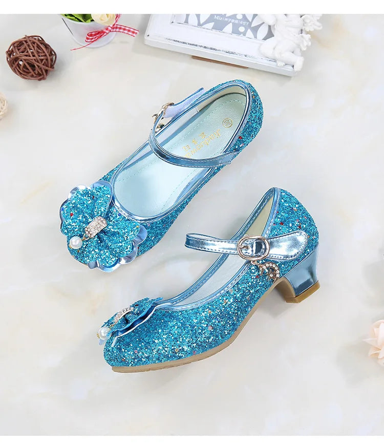 Princess Butterfly Leather Shoes Kids Diamond Bowknot High Heel Children Girl Dance Glitter Shoes Fashion Girls Party Dance Shoe