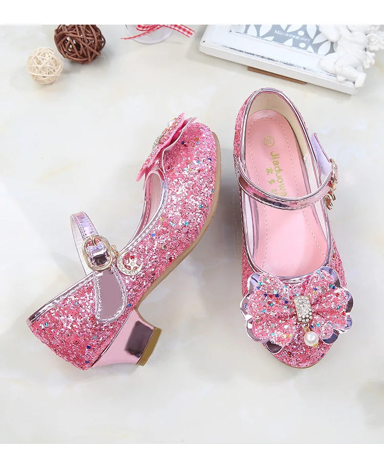 Princess Butterfly Leather Shoes Kids Diamond Bowknot High Heel Children Girl Dance Glitter Shoes Fashion Girls Party Dance Shoe