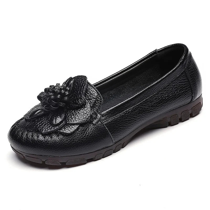 Women Concise Flower Flats Black Shoes Spring Flats Female Genuine Leather Shoes 2020 Superstar Oxfrod Shoes Women Loafer