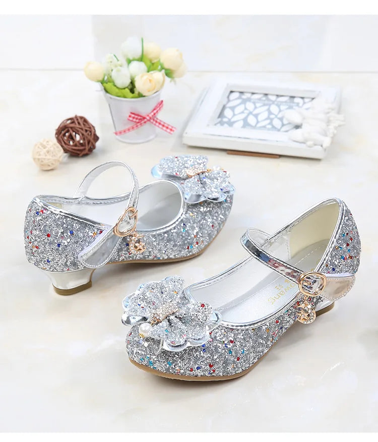 Princess Butterfly Leather Shoes Kids Diamond Bowknot High Heel Children Girl Dance Glitter Shoes Fashion Girls Party Dance Shoe